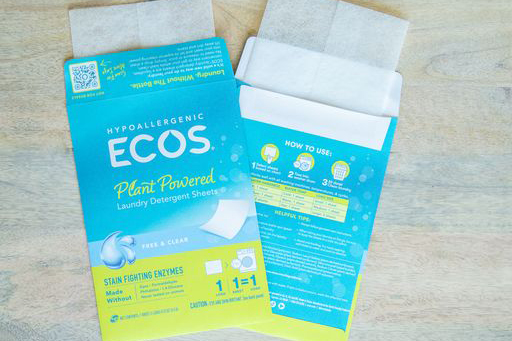 Front and back of ECOS product sample packaging for laundry detergent sheets.
