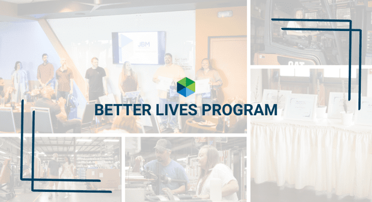 Image collage overlaid with a blurred sheen and text reading: "Better Lives Program." JBM's logo is centered above the text.