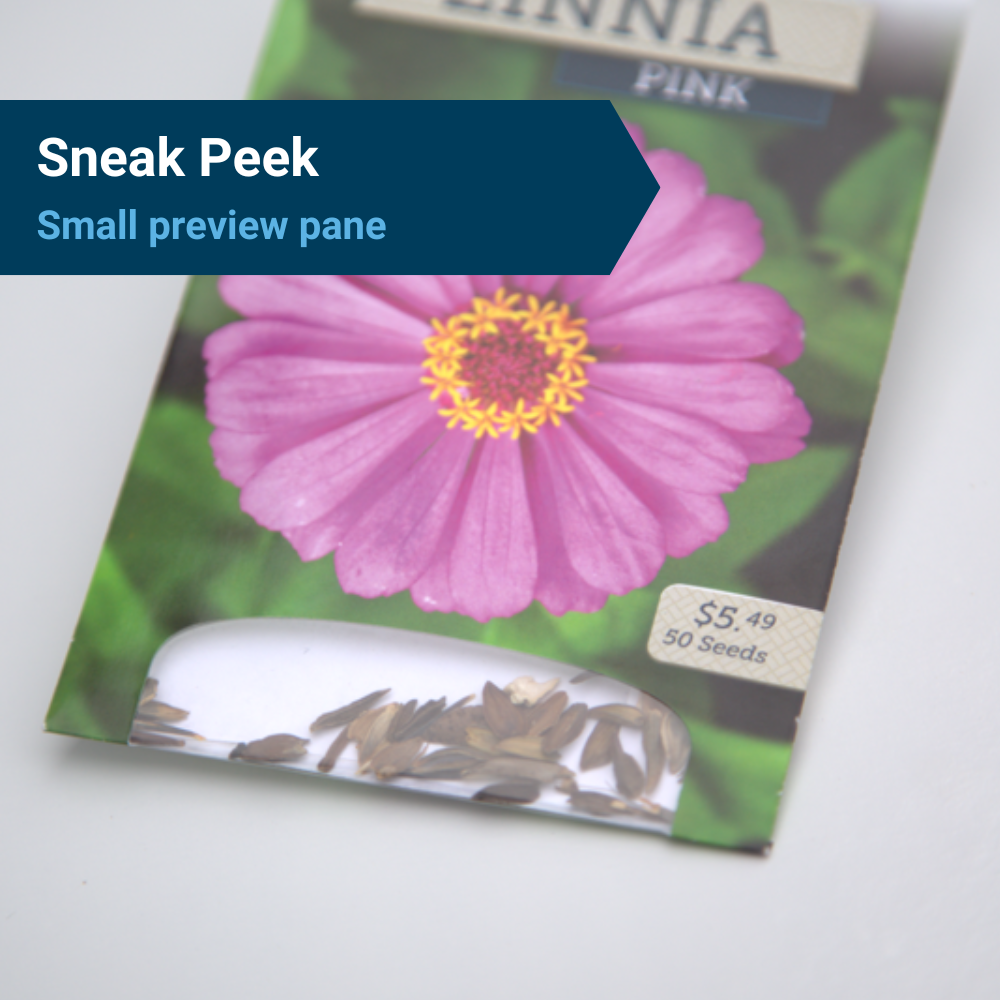 Seed packing featuring a small window frame, under the heading, "Sneak peek: Small preview pane."