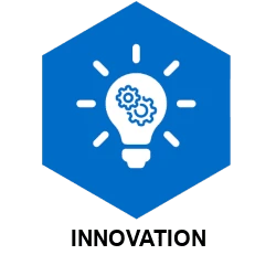 One of JBM's core values, Innovation, with a drawing of a light bulb with gears in the middle.