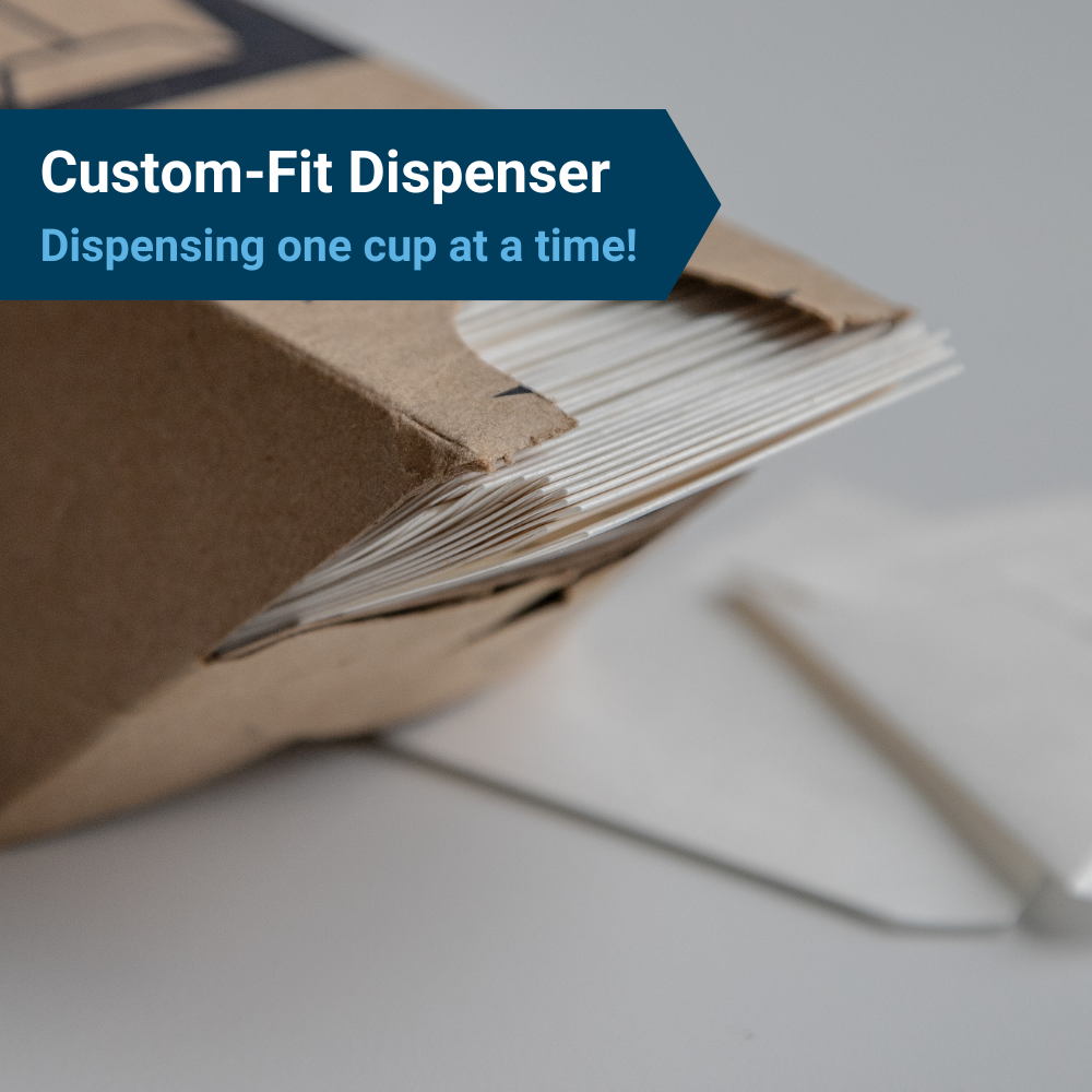 Box of disposable paper cups with a custom dispenser, under the heading, "Custom-fit dispenser: Dispensing one cup at a time!"