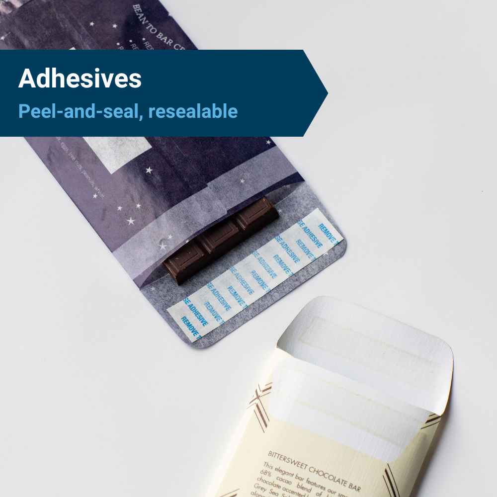 Chocolate bar wrappers with a peel-and-seal adhesive strip, with the heading, "Adhesives, peel-and-seal, resealable."