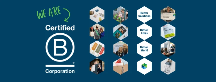 JBM B Corp Certification with pictures of team members in hexagons.