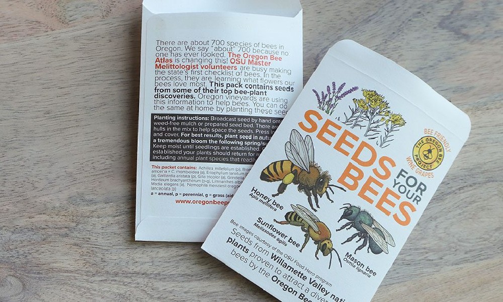 Oregon State University's seed packets, featuring botanical illustrations, planting instructions, and the heading, "Seeds for your bees."