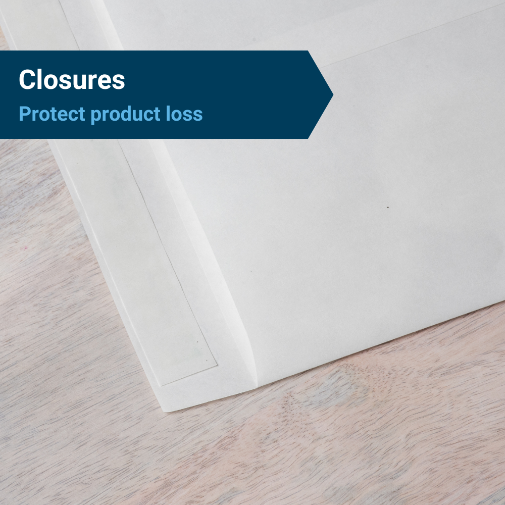 Blank white water-resistant envelope with an adhesive closure, under the heading, "Closures: Protect product loss."
