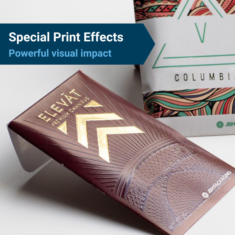 Brown chocolate bar packaging with gold accents, highlighting special printed effects under the heading, "Special print effects, powerful visual impact."