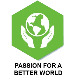 One of JBM's core value logos, Passion for a Better World, with a drawing of two hands sitting under an image of the earth as if they are holding it.