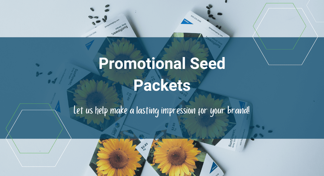 JBM branded sunflower seed packets under the heading, "Promotional Seed Packets: Let us help make a lasting impression for your brand."
