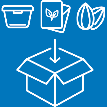 Stylized illustration of an open box with seed packets and an arrow pointing down into it.