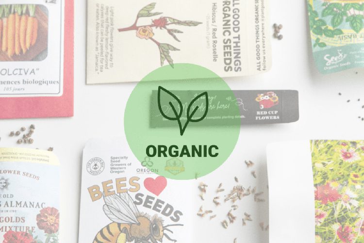 A variety of organic printed seed packaging, with an organic plant graphic in front.
