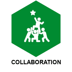 One of JBM's core values, Collaboration, with a drawing of three people holding one up and reaching for a star.