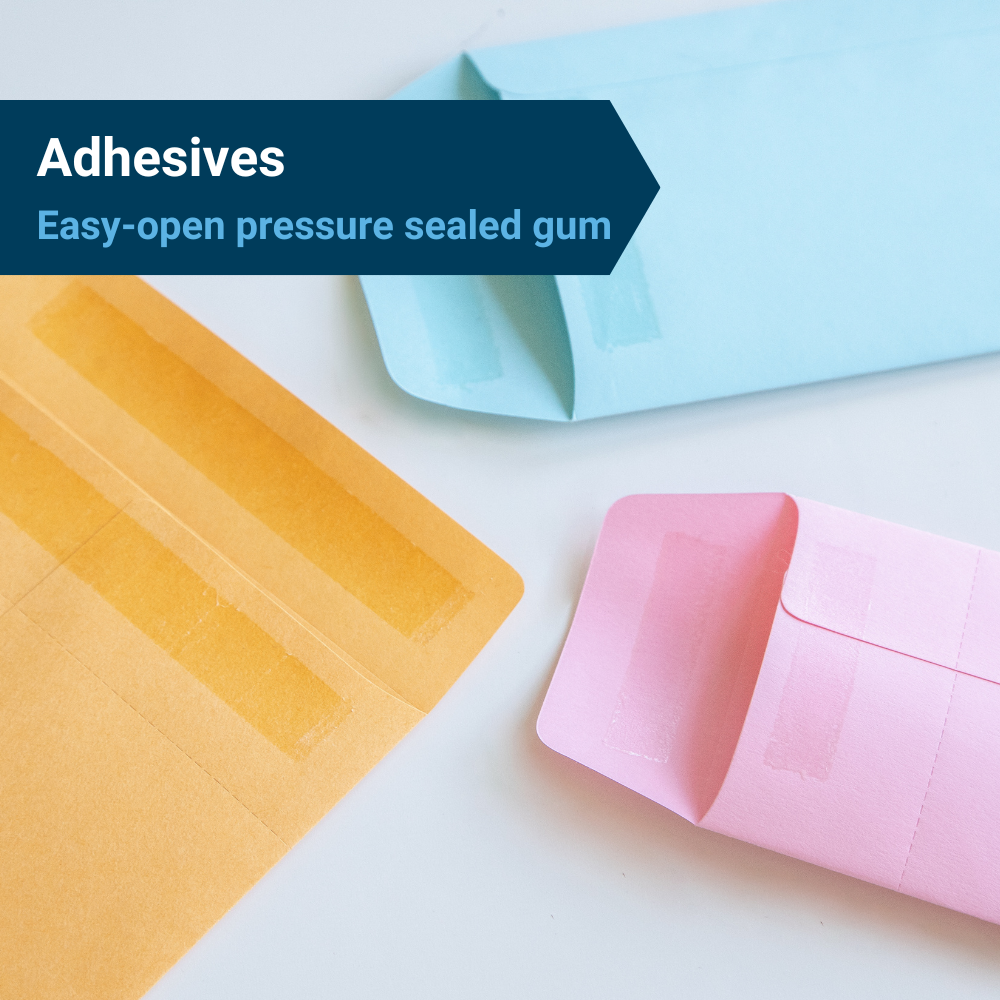Three different sizes of seed packet envelopes with an adhesive seal, under the heading, "Adhesives, easy-open pressure sealed gum."
