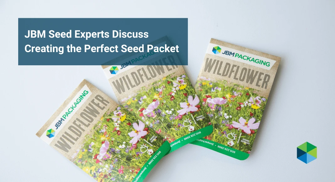 JBM branded seed packet, featuring botanical illustrations, showcasing the company's expertise in seed contract packaging.  The graphic also contains the heading, "JBM seed experts discuss creating the perfect seed packet."