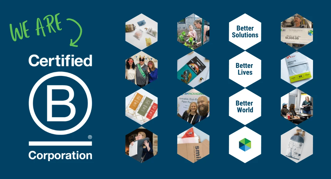 Card with text: "We are Certified B Corporation" next to small, aranged images of employees working, JBM products, and company events.