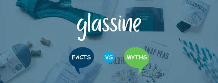 Background image of various apparel items in glassine packaging with a blue sheen over the image. Text over image: "Glassine: facts vs. myths."